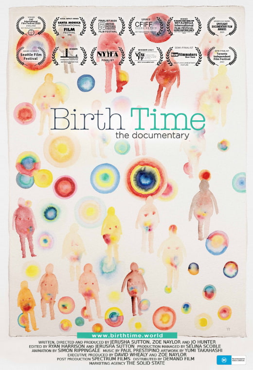 Birth Time poster with colourful illustrations of pregnant figures and spots.
